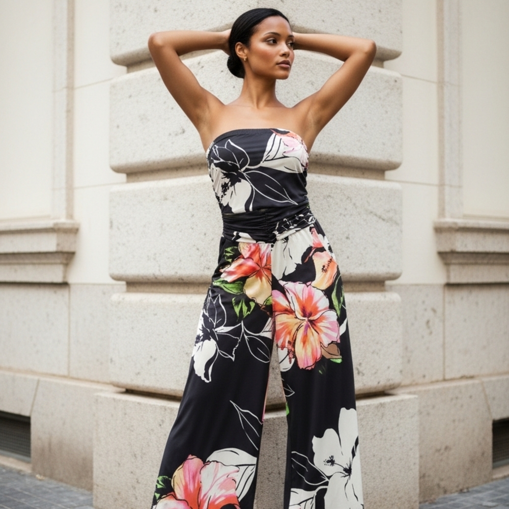 VENUS Black Floral Strapless Jumpsuit